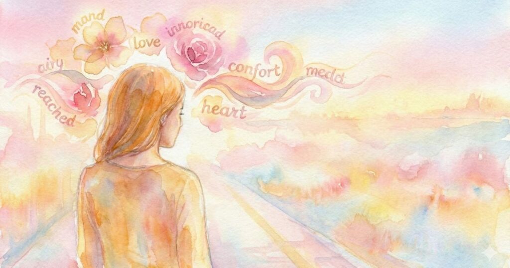 背中を向けた女性が、花や言葉が浮かぶ空間を静かに見つめている水彩風イラスト