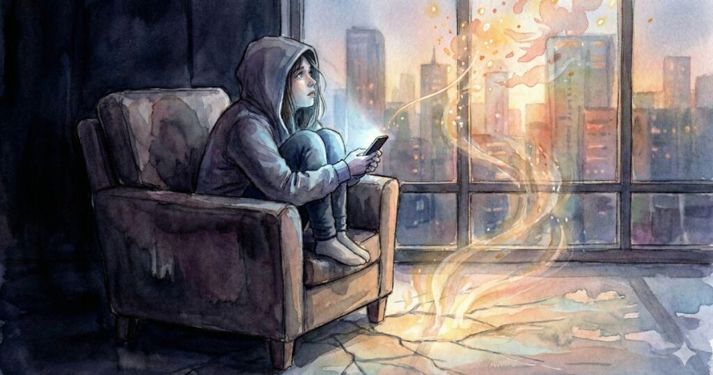 夜明け前の部屋で、椅子に座った女性がスマートフォンを手に、窓から差し込むやわらかな光を見つめている