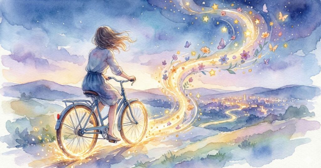 夕暮れの風景の中、自転車で進みながら光の道に導かれる女性の後ろ姿