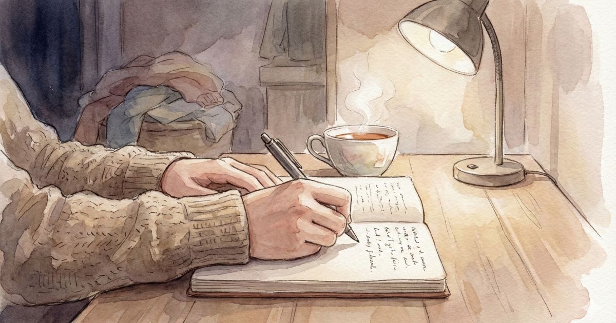 夜の机で、あたたかい灯りの下、ノートに文字を書いている手元