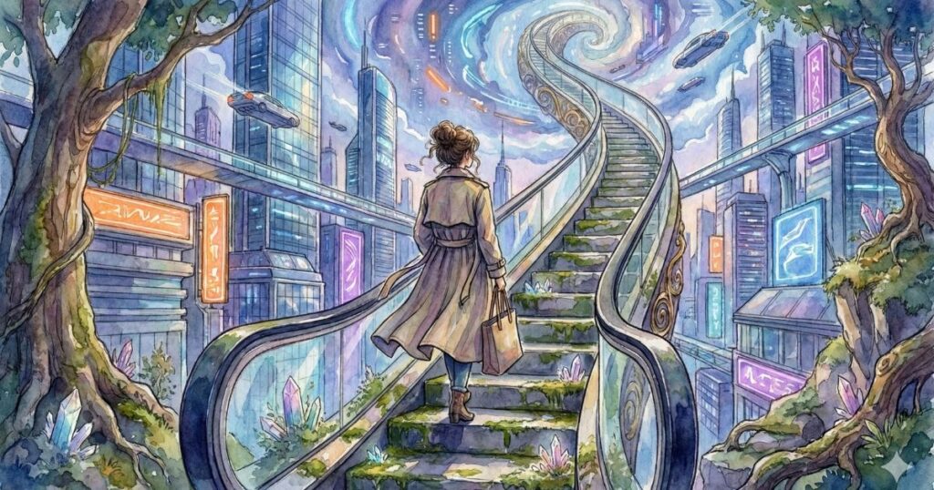 夜の未来的な街で、階段を上りながら前を見つめる女性の後ろ姿