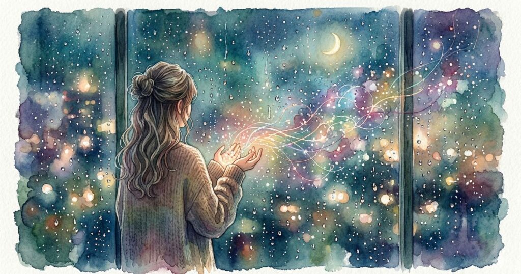 雨の夜、窓辺で両手に淡い光を受け止める女性の後ろ姿