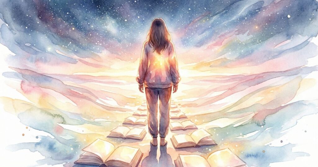 星空の下、本が並ぶ道の上に立ち、胸に光を灯した女性の後ろ姿