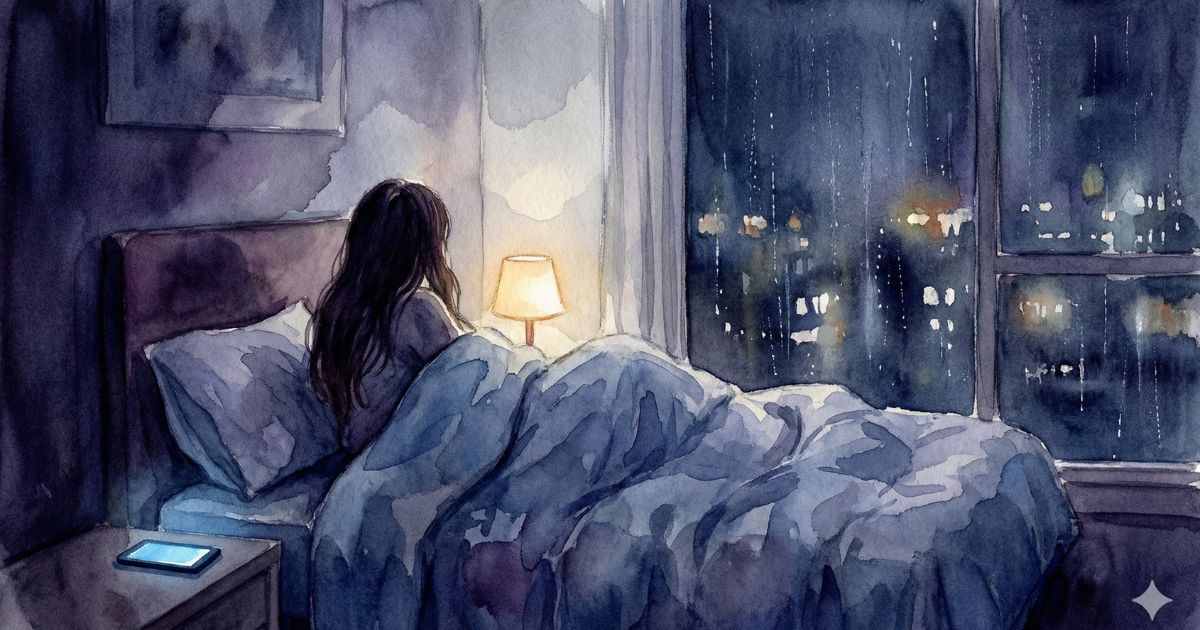 雨の夜、外を見つめながら考え込む女性