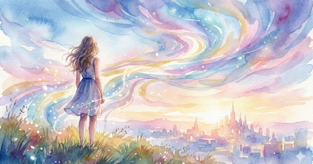 未来への希望を感じながら虹色の空を見上げる女性のイラスト