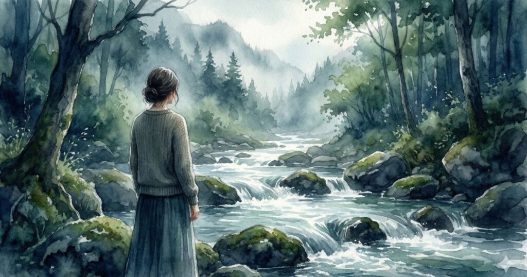 霧の立つ森の中、川の流れを見つめて立つ女性の後ろ姿を描いた水彩イラスト