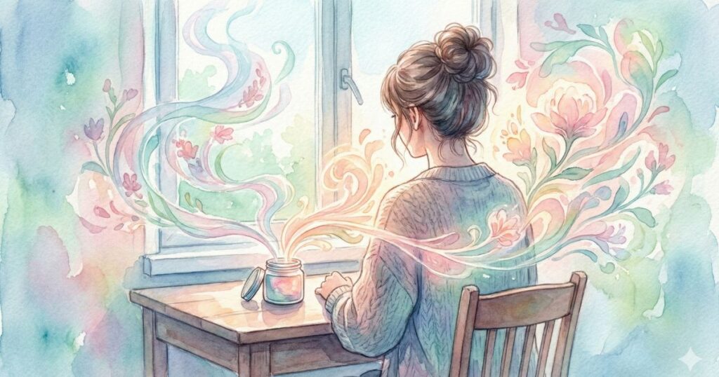 窓辺の机に座り、瓶から広がるやさしい色の流れを見つめる女性の後ろ姿
