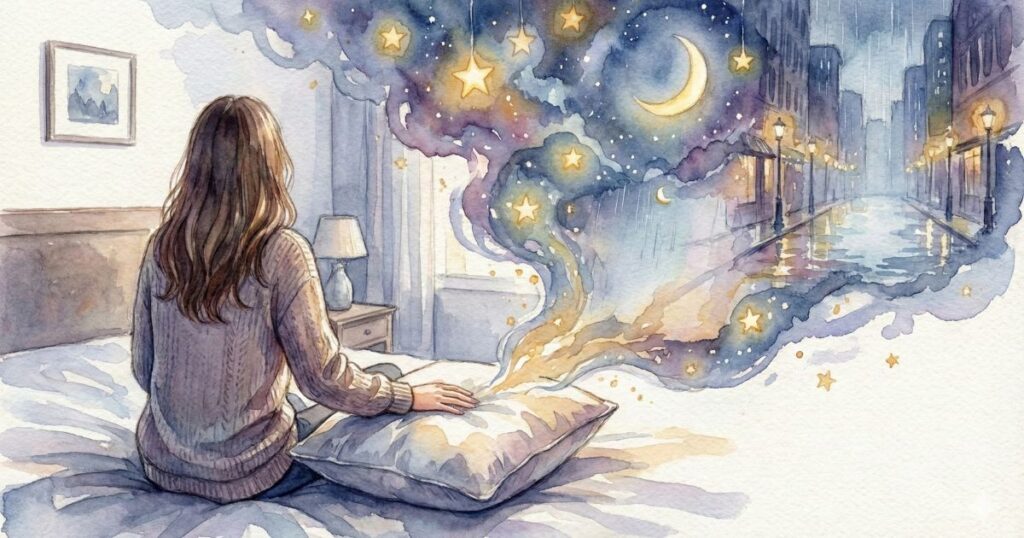 ベッドに座る女性の前に、月や星が広がる幻想的な夜の風景が描かれたイラスト