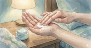 夜の部屋で、ランプの灯りのそばでハンドクリームを手に塗る女性の手の水彩イラスト