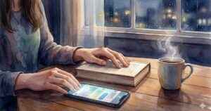 夜の雨音を背に、本を開きながらスマホを見つめる女性の手元