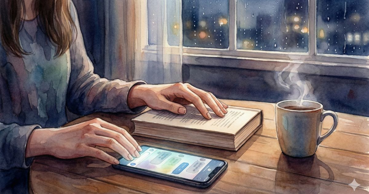 夜の雨音を背に、本を開きながらスマホを見つめる女性の手元