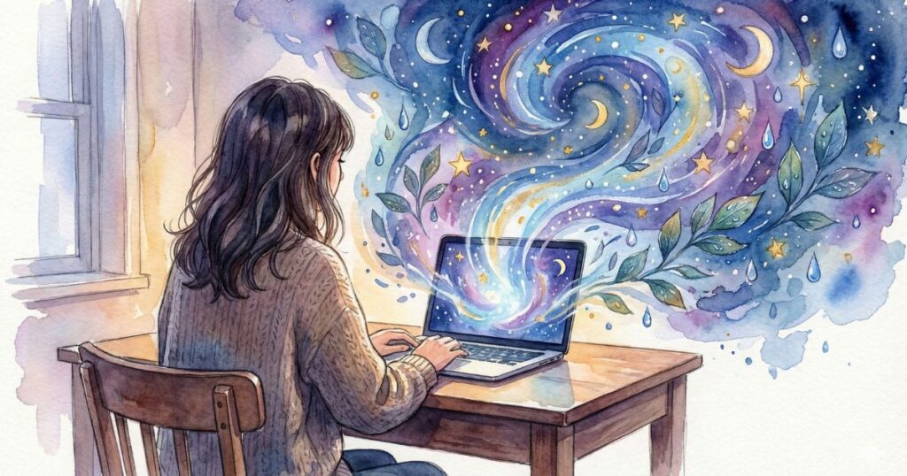 夜の部屋でノートパソコンに向かう女性と、画面から星や月のような思考が広がっていく様子