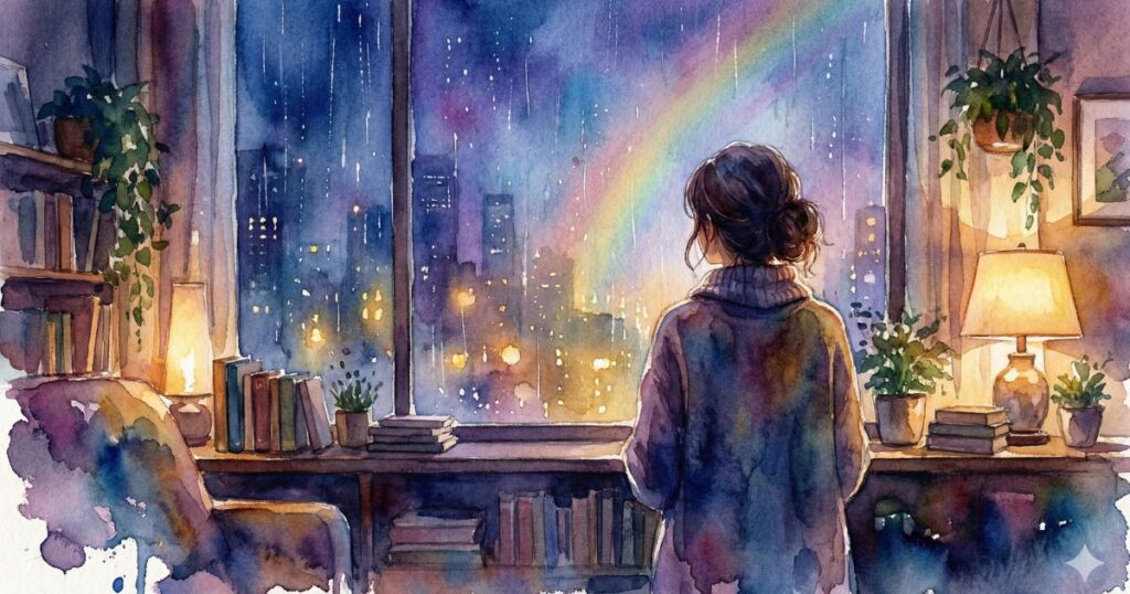 夜の窓辺で、街の灯りと雨上がりの虹を見つめる女性の後ろ姿のイラスト