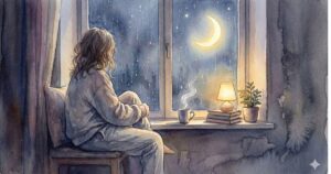 夜の窓辺に座り、月明かりを見つめながら一人で考えごとをする女性のイラスト