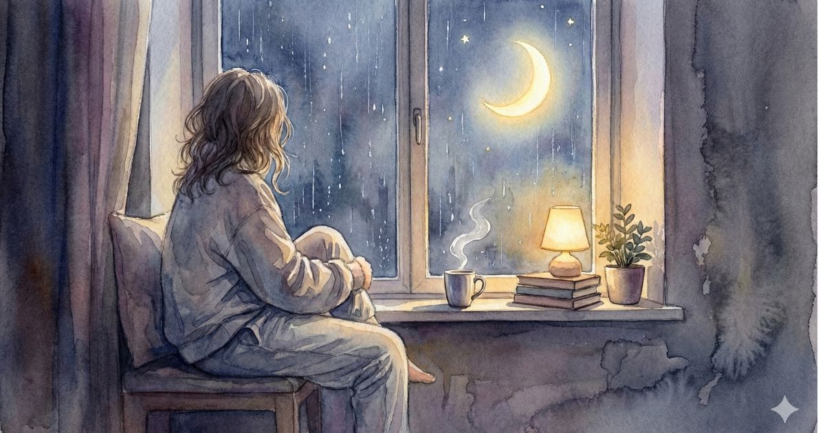 夜の窓辺に座り、月明かりを見つめながら一人で考えごとをする女性のイラスト