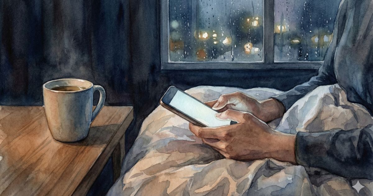 雨の夜、ベッドの上でスマートフォンを見つめる手元と、湯気の立つマグカップ