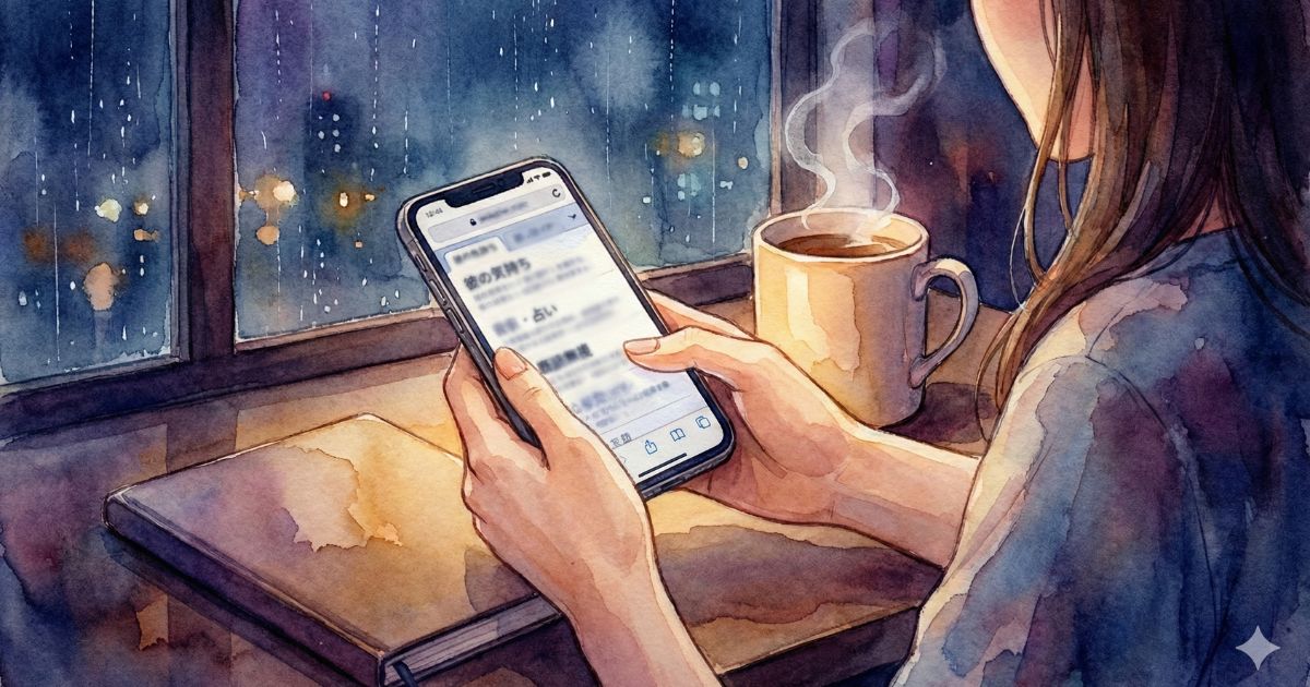 雨の夜、窓辺でコーヒーを飲みながらスマートフォンを見る女性の手元