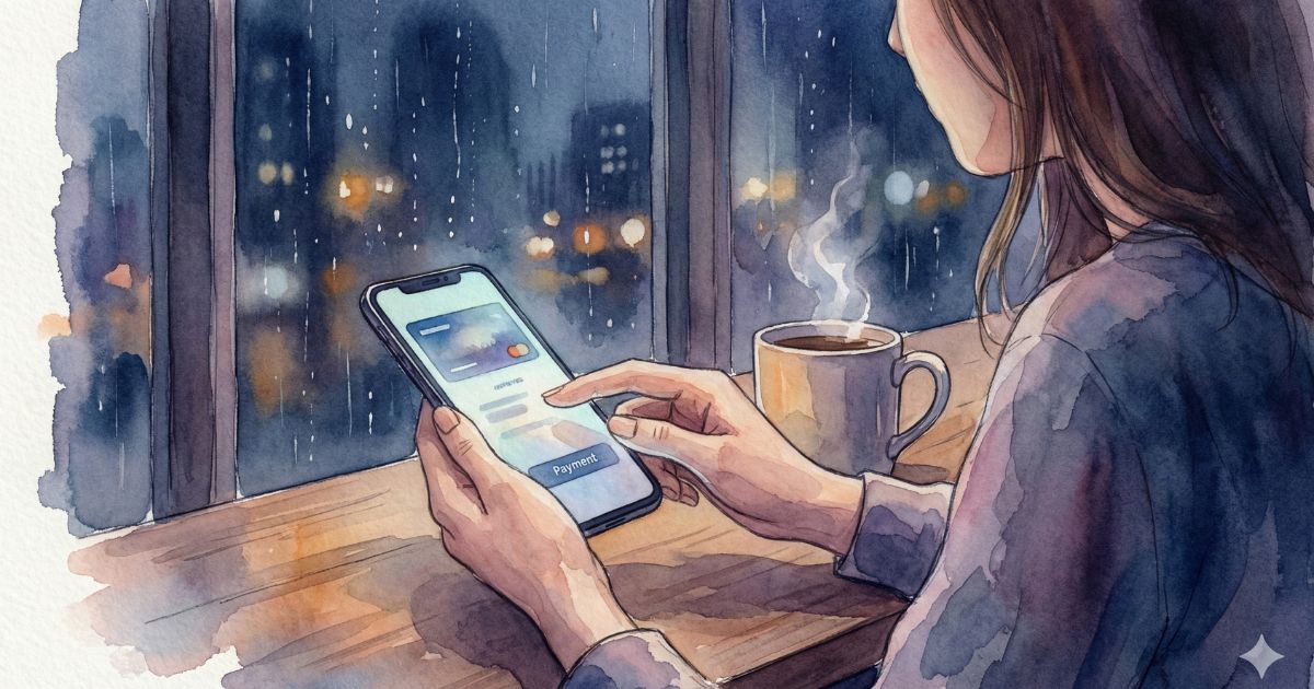 雨の夜、窓辺でスマホの決済画面を見つめる女性