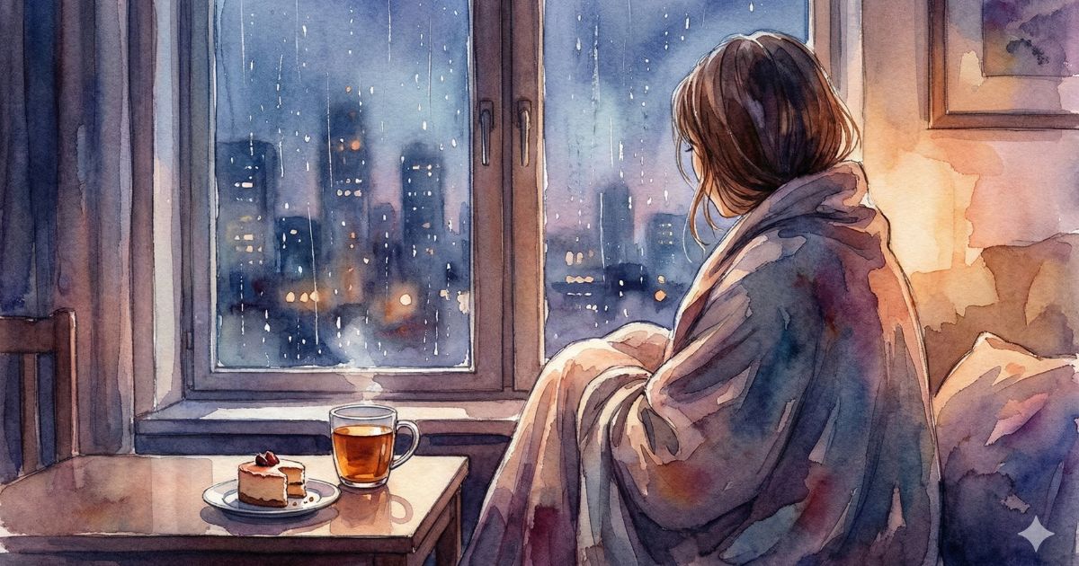 雨の夜、窓辺で街の灯りを眺めながら温かいお茶を前に考えごとをする女性の水彩イラスト