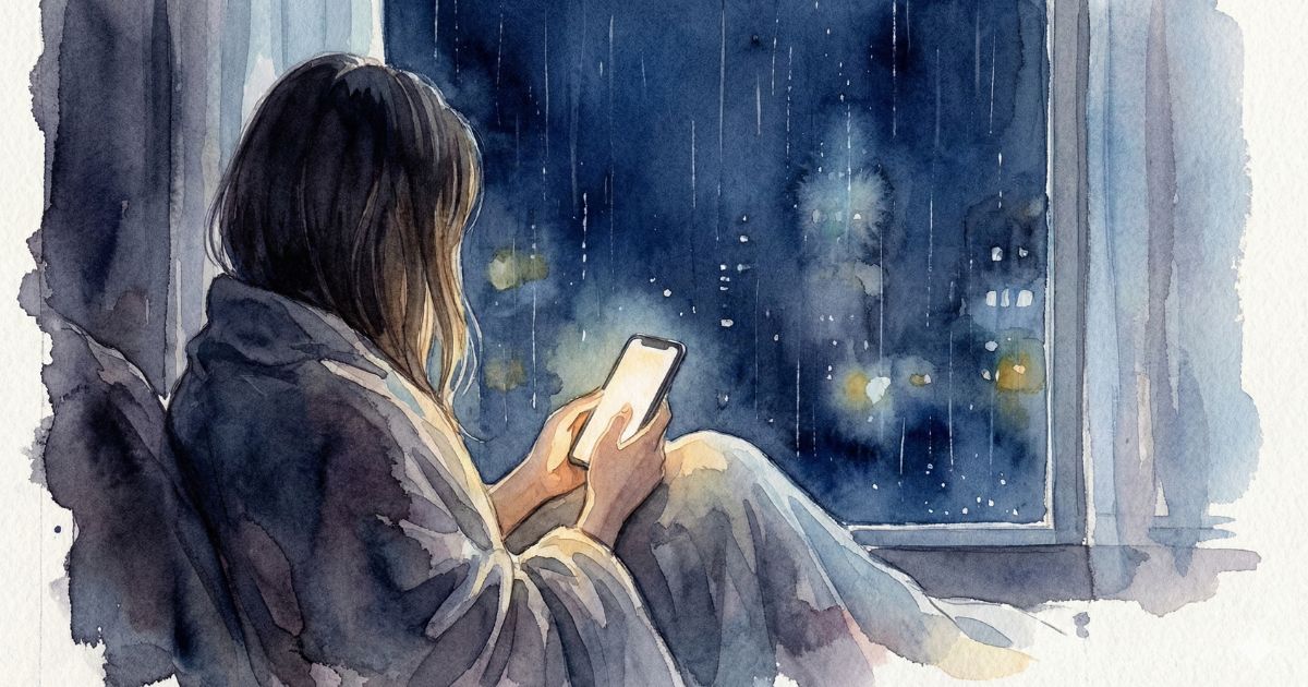 雨の夜、窓辺でスマホを見つめる女性の後ろ姿の水彩イラスト