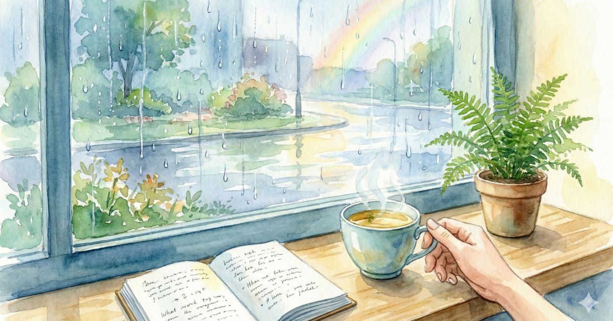 雨粒が流れる窓辺で、ノートを開きコーヒーカップを持つ手のイラスト