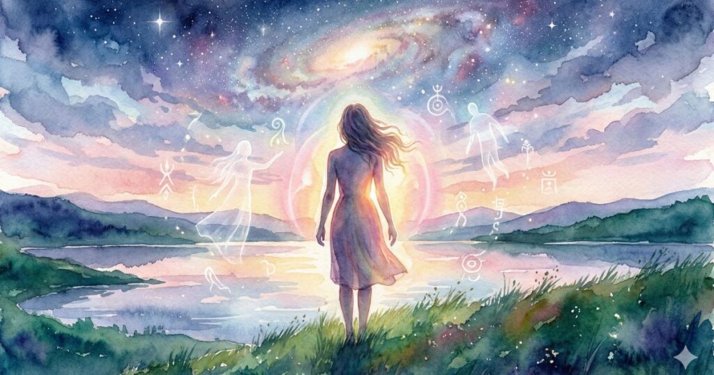 夜明けの湖で銀河の光に包まれ、見えない導きを感じる女性の幻想的なイラスト