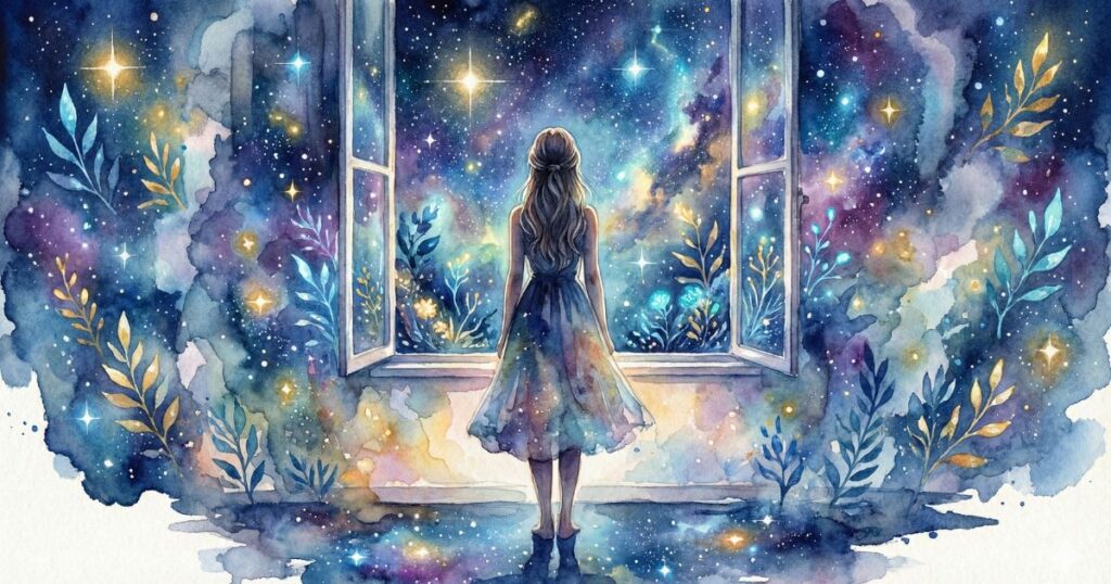星のような光に満ちた夜の窓辺で、背を向けて立つ女性が静かに外を見つめている幻想的な水彩イラスト