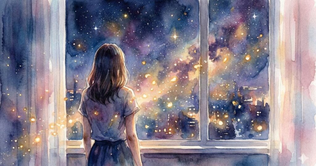 星が広がる夜空を窓辺から見つめる女性の後ろ姿