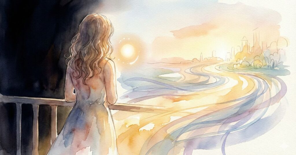 朝日を見つめながら未来を思う女性の後ろ姿の水彩イラスト