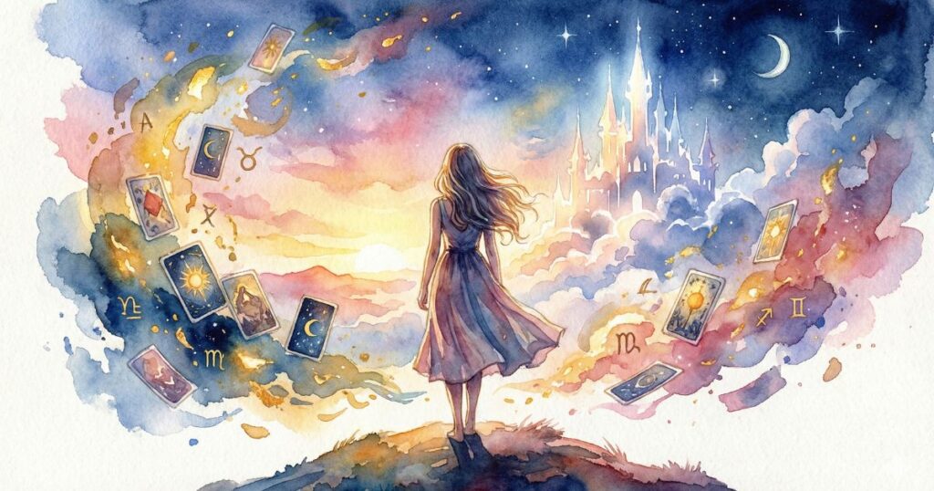 雨の降る夜、ベッドの上で、窓の外の街明かりを見つめながら物思いにふける女性の姿。静かな部屋と小さな灯りが、眠れない不安な時間を映している。