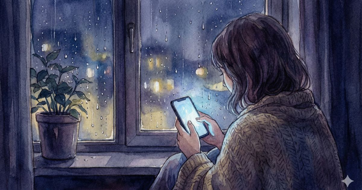 雨の夜、窓辺でスマホを見つめながら占いの予約を迷う女性