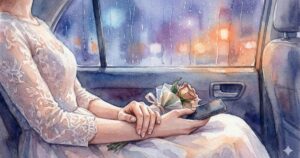 結婚式帰りのタクシーで、雨の窓越しにスマホを握りしめる女性の手元