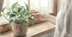 窓辺に置かれた観葉植物の葉に、そっと手を伸ばす様子を描いた水彩風のイラスト