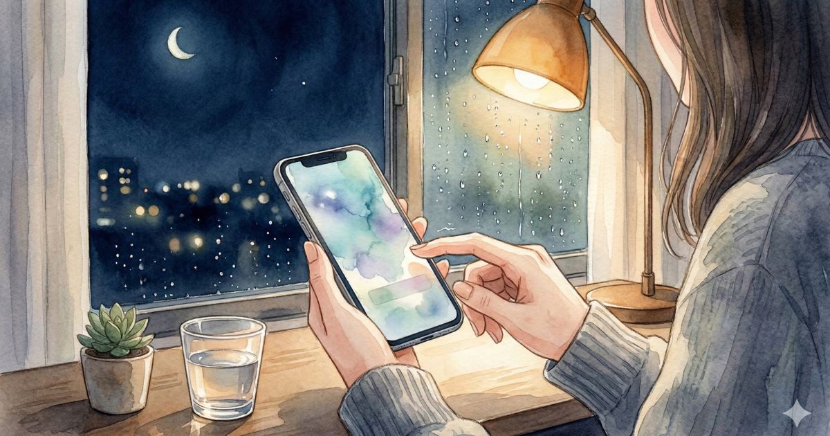 雨の夜、窓辺でスマホを握り予約画面を見つめる女性の手元