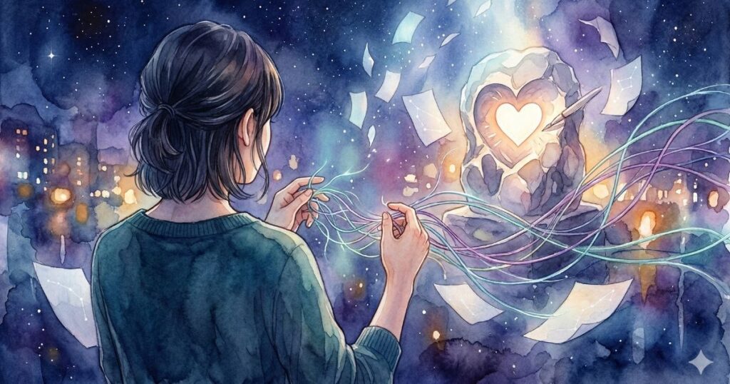光る糸を手に持つ女性と、ハートが輝く像が向き合う幻想的なイラスト。運命や心のつながりを表現している scene。