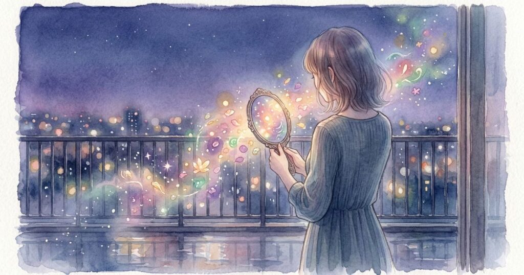 夜のベランダで手鏡を見つめる女性と、光の粒が広がる幻想的な風景