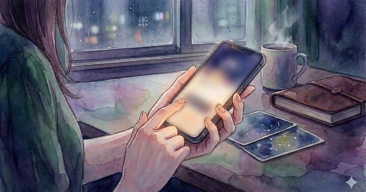 雨の夜、窓辺でスマートフォンを見つめる女性の手元。テーブルにはコーヒーとタロットカードが置かれている