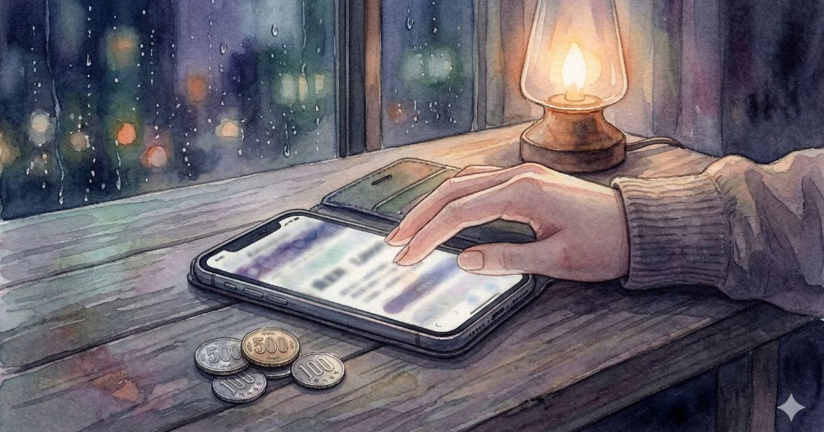 雨の夜、窓辺の灯りの中でスマホの決済画面に触れようとして迷う手元