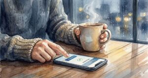 雨の窓辺でコーヒーを持ちながらスマホの確認ボタンに指を止める手元