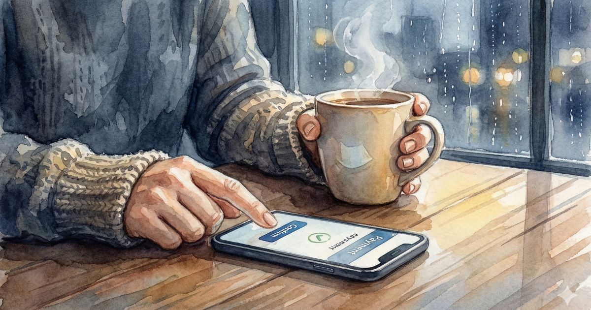 雨の窓辺でコーヒーを持ちながらスマホの確認ボタンに指を止める手元