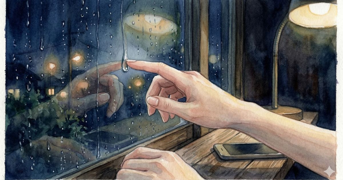 雨の夜、窓ガラスのしずくに指で触れる女性の手元