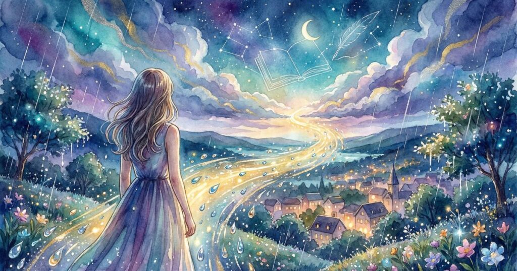 星空と月の下、光の道を見つめる女性の後ろ姿の幻想的なイラスト