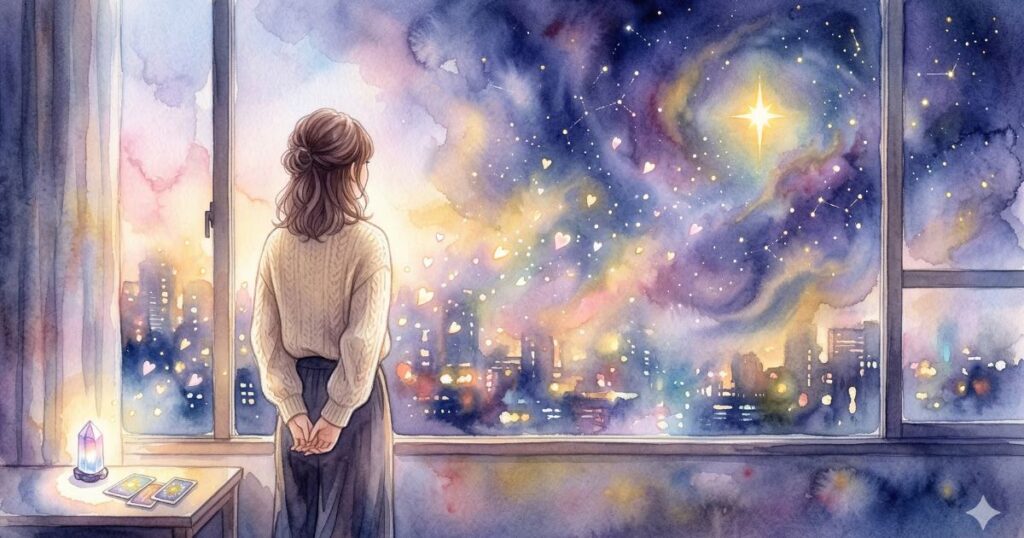 夜の街を見下ろす窓辺で、星空を眺めながら考え込む女性とテーブルのタロットカード